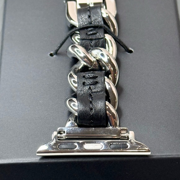 COACH Women's Silver-Tone Black Leather Chain Link Bracelet for Apple Watch - Picture 4 of 7